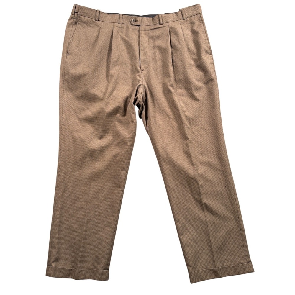 RBM Pleated Trousers Mens 44x27.5 Brown Houndstooth Cuffed Old Money Dress Pants